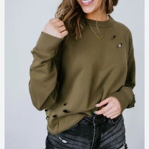 Lily & Lottie Kylee Distressed Olive‎ Distressed Sweatshirt